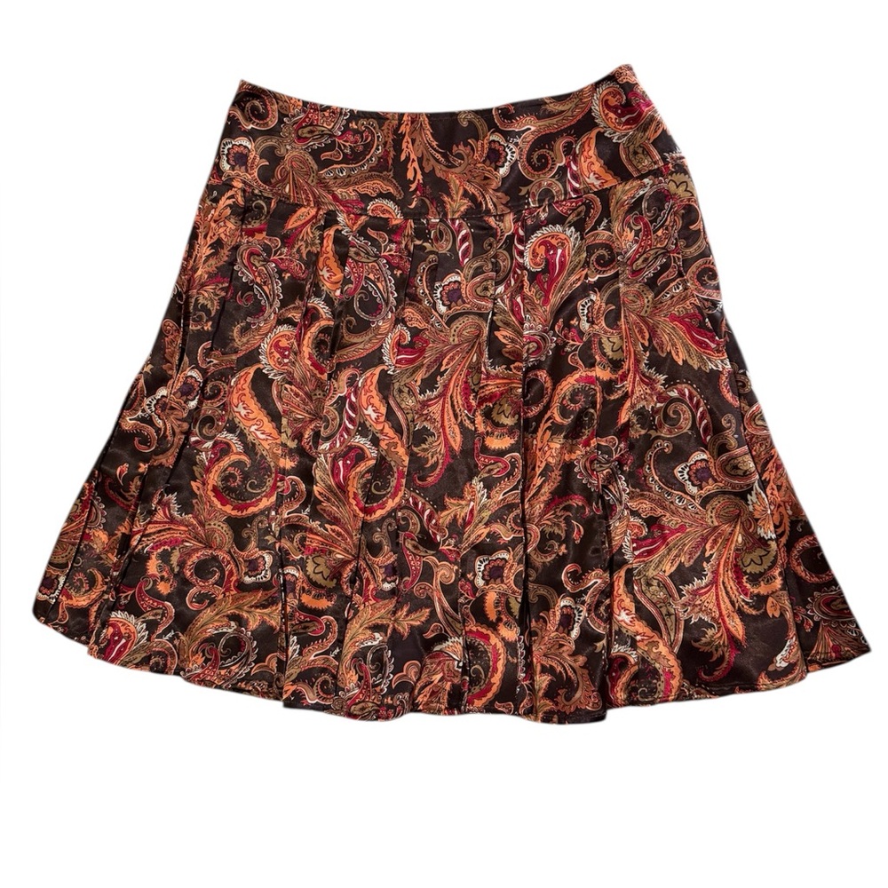 ⚫️ Worthington Brown Paisley Pleated Circle Skirt with Red & Tan Accents